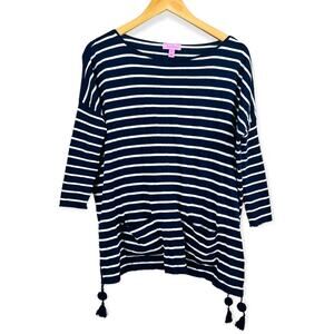 LILLY PULITZER Navy Striped Knit Top XS 3/4 Sleeve Tasseled Elba Pullover 2018
